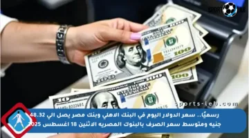 رسميًا.. سعر الدولار اليوم في البنك الأهلي وبنك مصر يصل إلى 48.32 جنيه ومتوسط سعر الصرف بالبنوك المصرية الاثنين 18 أغسطس 2025